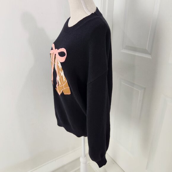 Threaded Leaf Sweater L Black Cowgirl Boots Big Pink Bow Western Rodeo Party - Picture 6 of 15